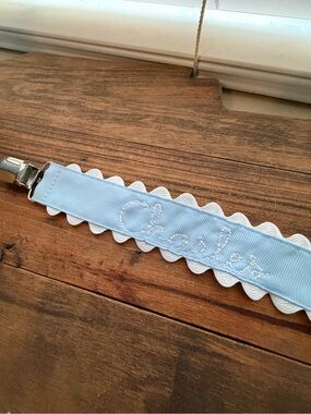 Personalized Light Blue Pacifier Clip with White Trim - Charles